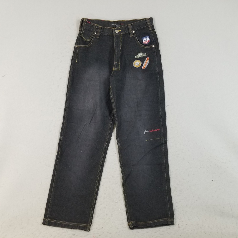 FUBU Jeans‎ Mens 33x34 Black The Collection Baggy Embroidered Patch Y2K Hip Hop
